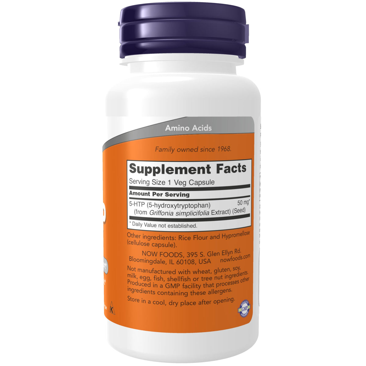 NOW Foods 5-HTP 50 mg capsule avec étiquette