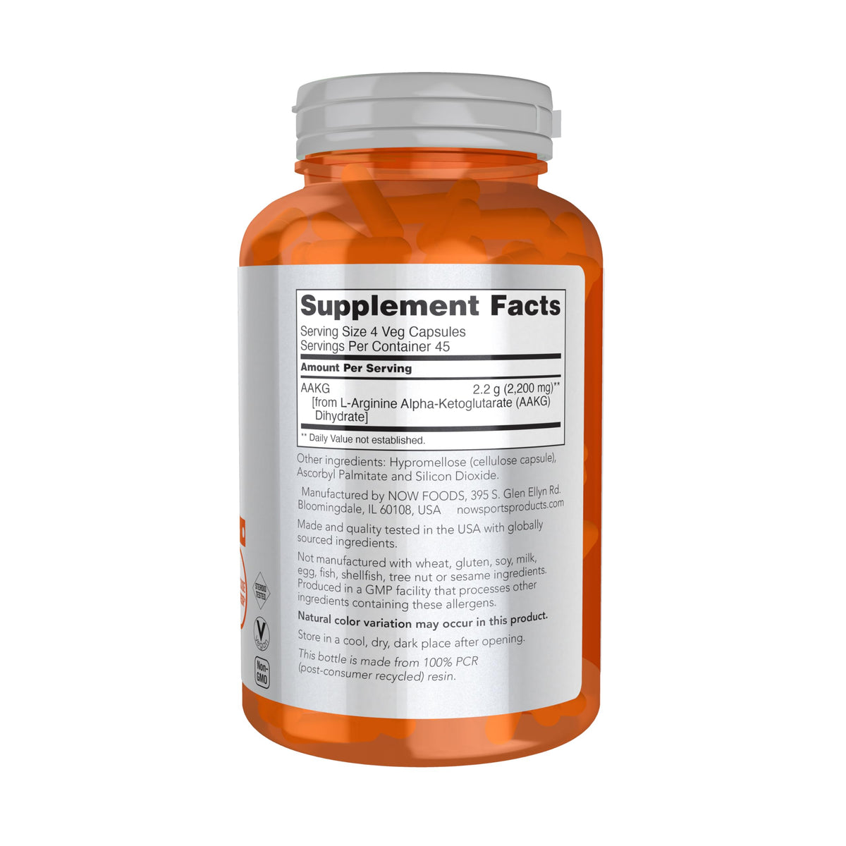 NOW Foods AAKG 2200 Arginine 180 Veg Caps étiquette