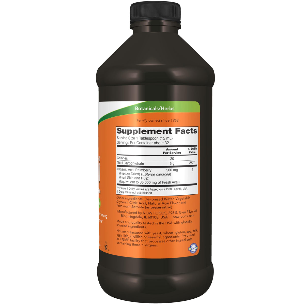NOW Foods Acai Liquide 473 ml étiquette et ingrédients