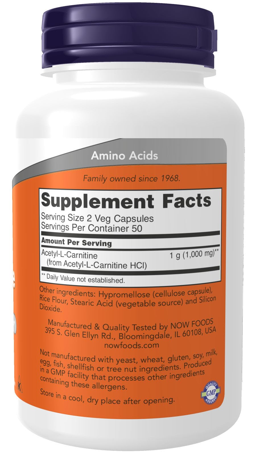 NOW Foods Acetyl L-Carnitine 500 mg 100 capsules avec étiquette
