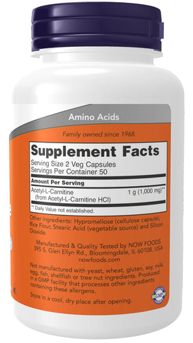 NOW Foods Acetyl L-Carnitine 500 mg 100 capsules avec étiquette