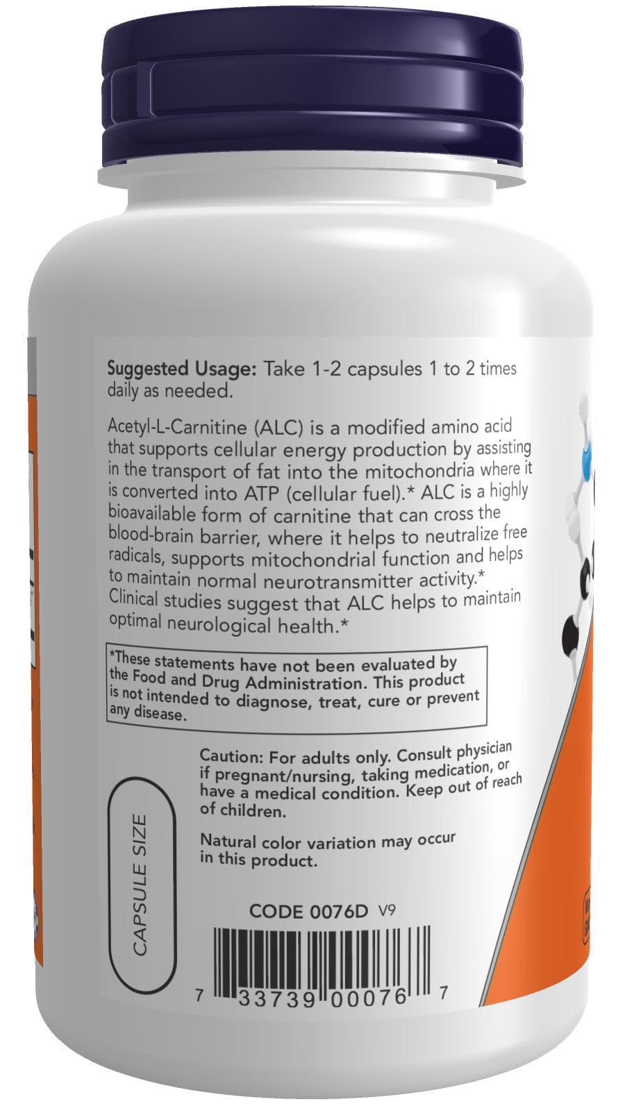 NOW Foods Acetyl L-Carnitine 500 mg 100 capsules sur fond blanc