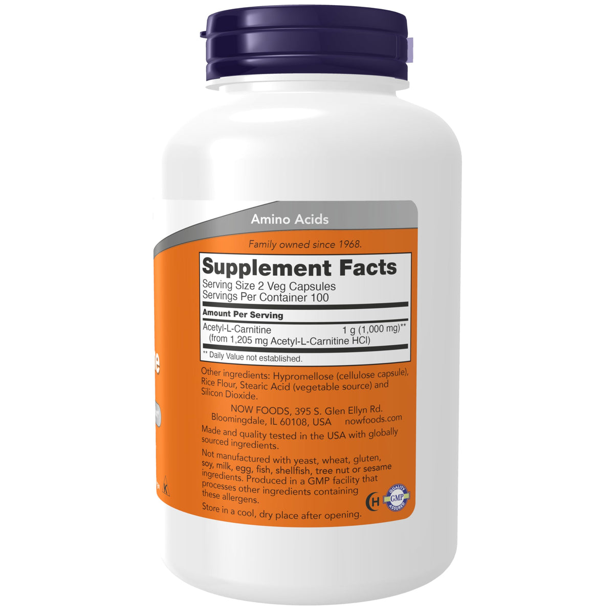 NOW Foods Acétyl-L-Carnitine 500 mg, étiquette et informations nutritionnelles