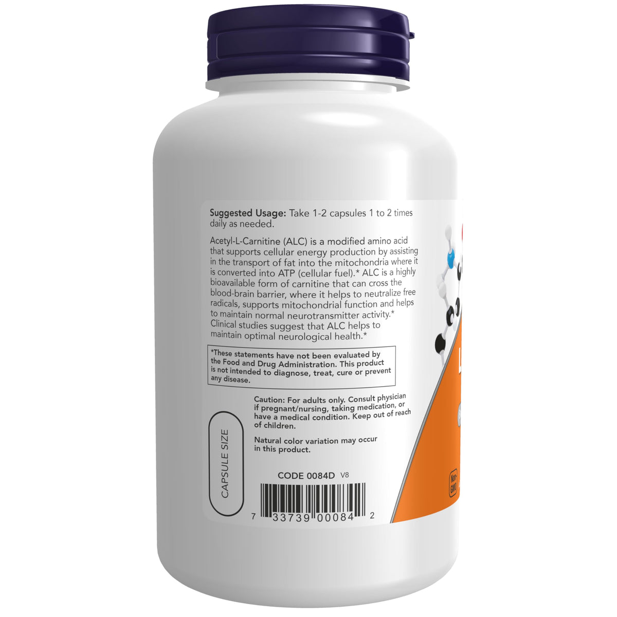 NOW Foods Acétyl-L-Carnitine 500 mg, vue arrière du flacon