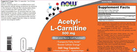 NOW Foods Acetyl L-Carnitine 500mg 360 capsules avec dosage