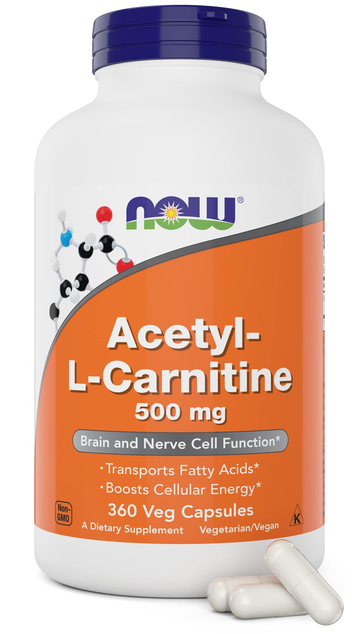 NOW Foods Acetyl L-Carnitine 500mg 360 capsules vue de face