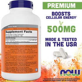 NOW Foods Acetyl L-Carnitine 500mg capsules avec étiquette