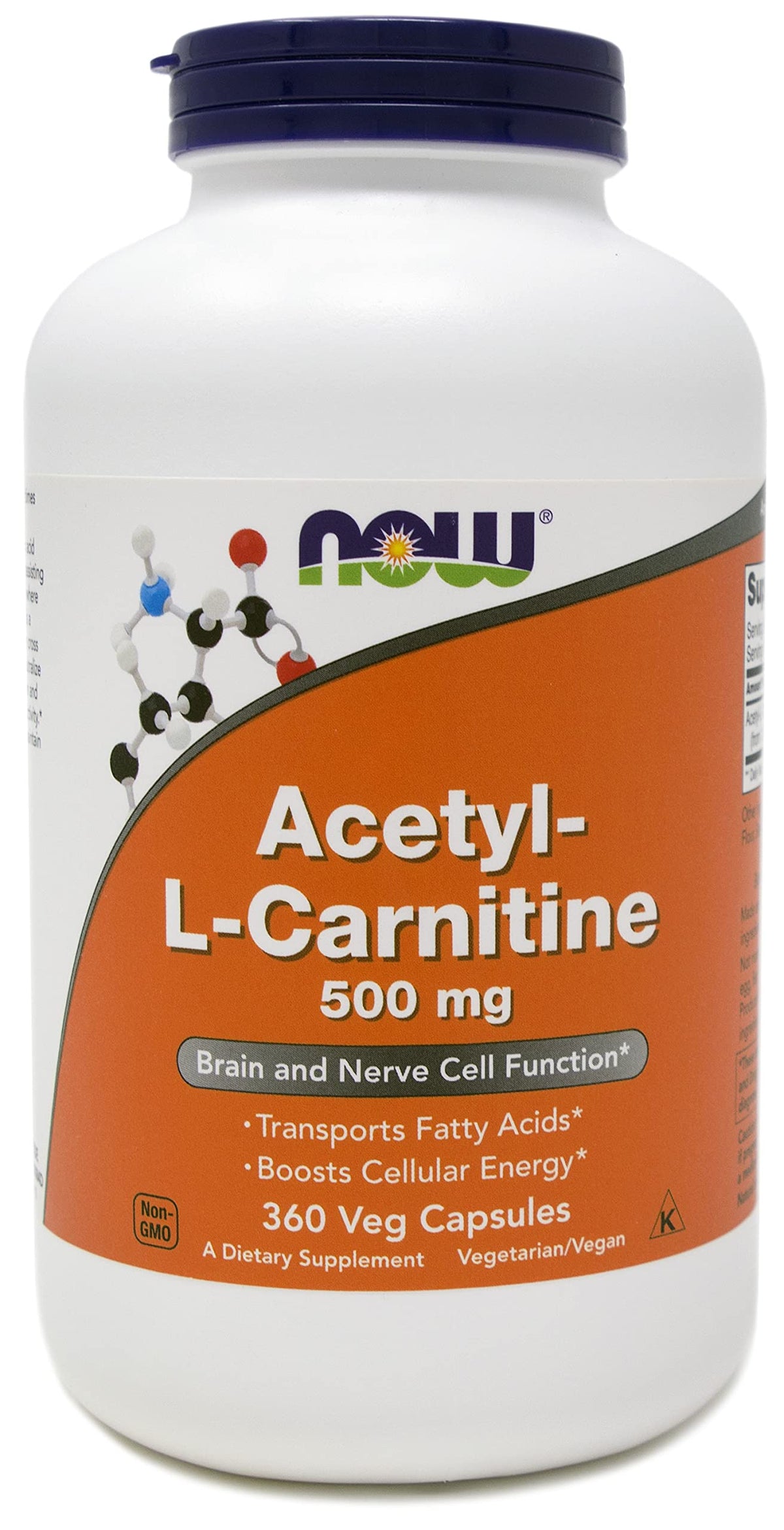 NOW Foods Acetyl L-Carnitine 500mg capsules sur une table