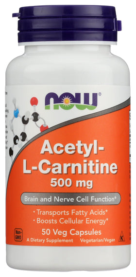 NOW Foods Acétyl L-Carnitine 500mg capsules, vue avant du flacon