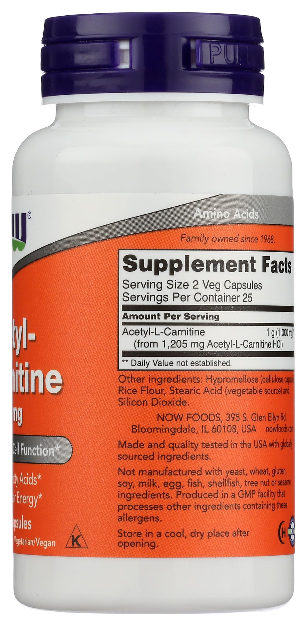 NOW Foods Acétyl L-Carnitine capsules, dosage de 500mg en gros plan