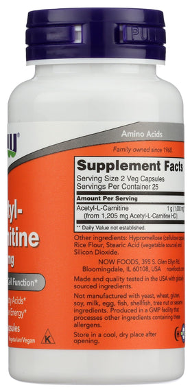NOW Foods Acétyl L-Carnitine capsules, dosage de 500mg en gros plan