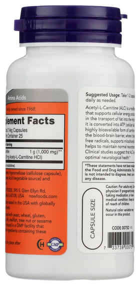 NOW Foods Acétyl L-Carnitine capsules, étiquette avec dosage de 500mg