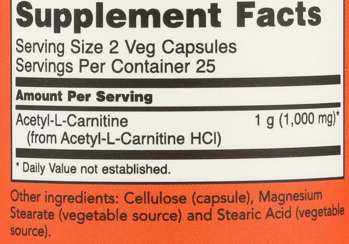 NOW Foods Acétyl L-Carnitine capsules, vue latérale du flacon