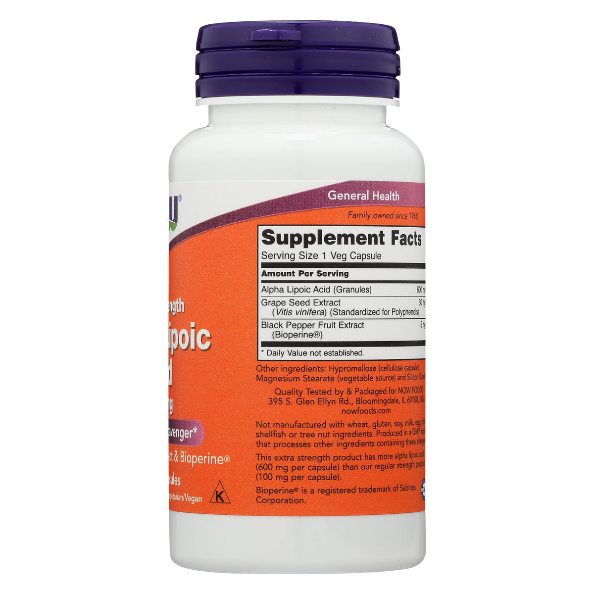 NOW Foods Acide Alpha-Lipoïque 600mg 60 capsules avec étiquette visible