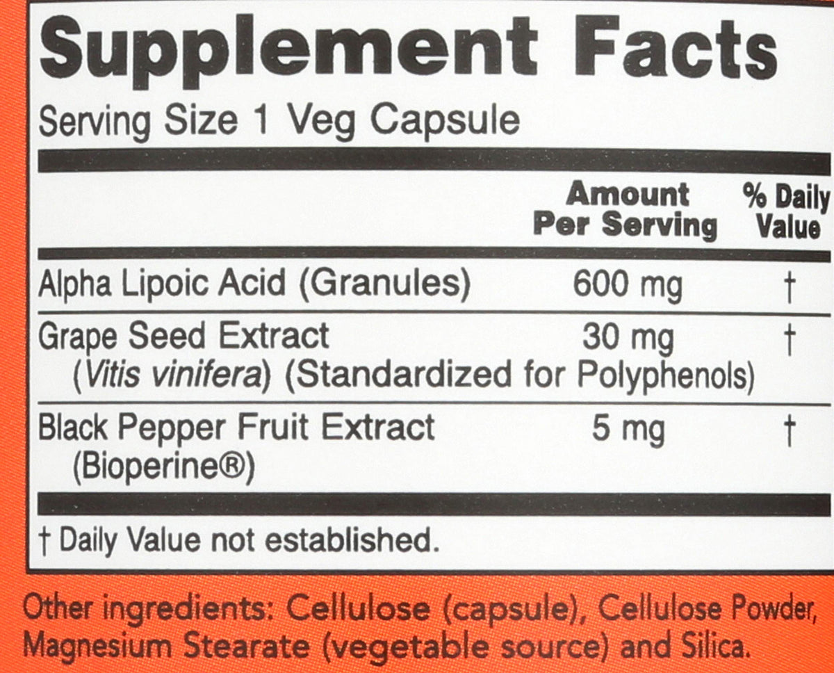 NOW Foods Acide Alpha-Lipoïque 600mg capsules végétales sur fond blanc