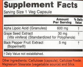 NOW Foods Acide Alpha-Lipoïque 600mg capsules végétales sur fond blanc