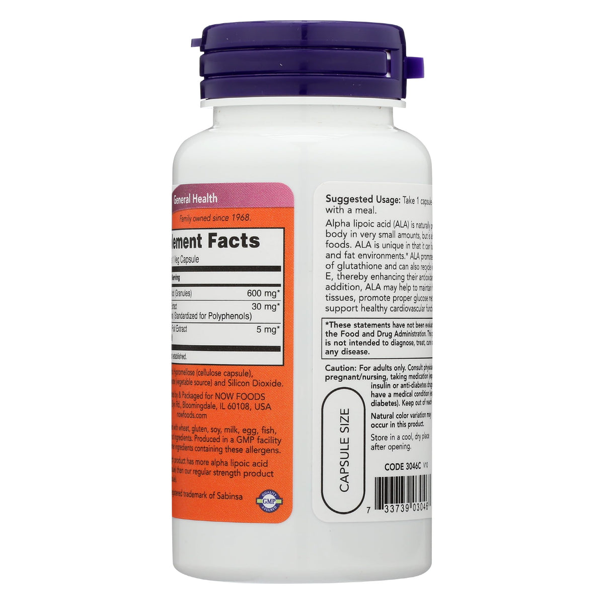 NOW Foods Acide Alpha-Lipoïque 600mg informations sur l'emballage