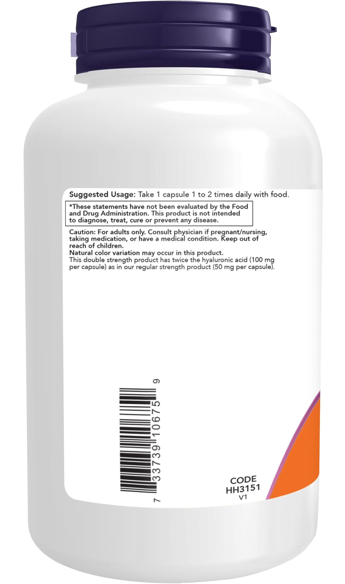 NOW Foods Acide Hyaluronique 100 mg Double Force emballage arrière