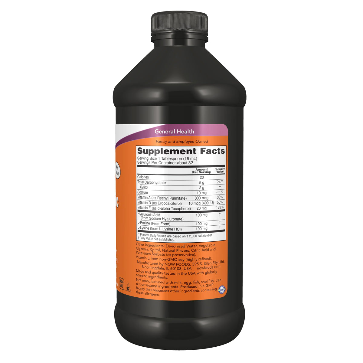NOW Foods Acide Hyaluronique Liquide 100 mg 473 ml saveur baie arrière