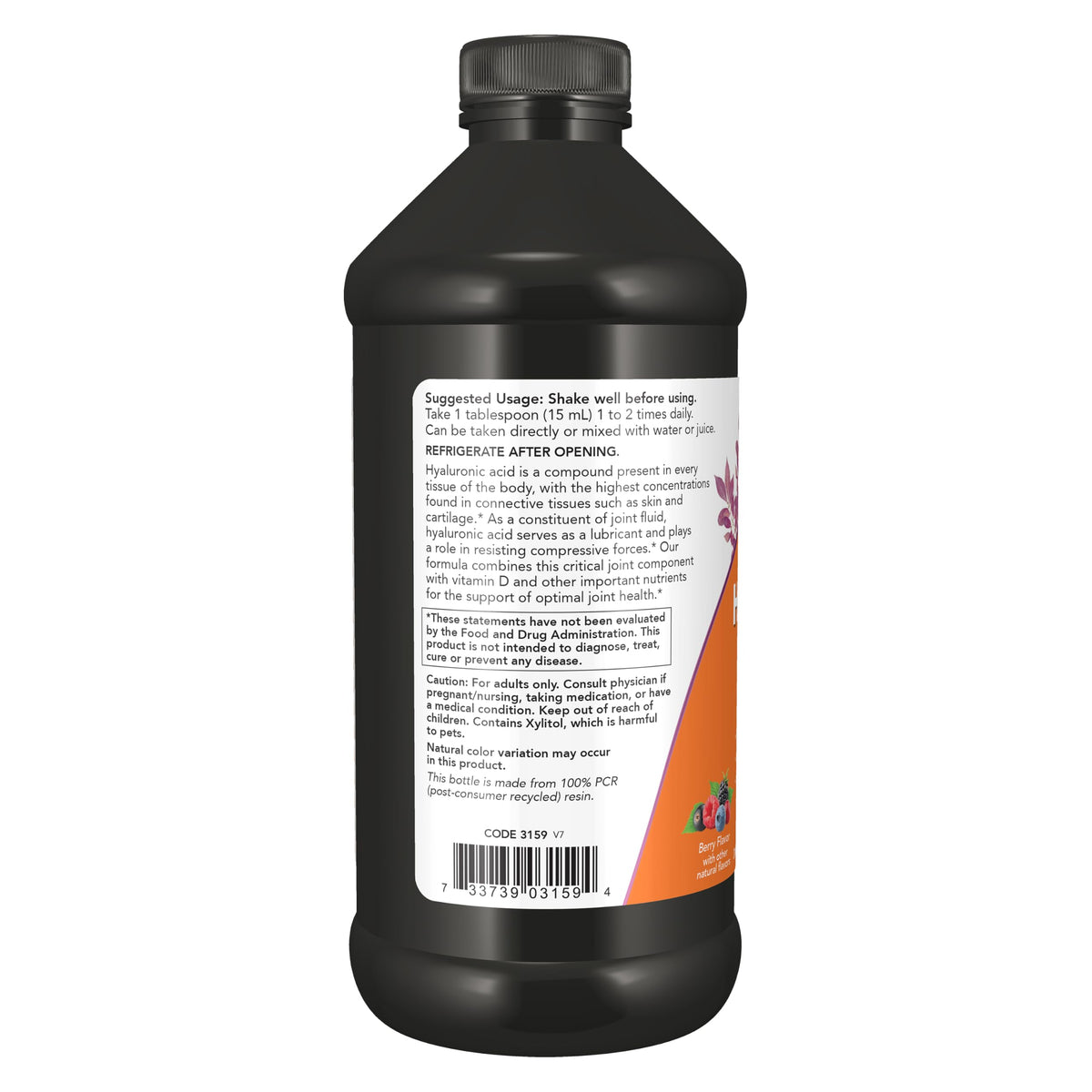 NOW Foods Acide Hyaluronique Liquide 100 mg 473 ml saveur baie côté