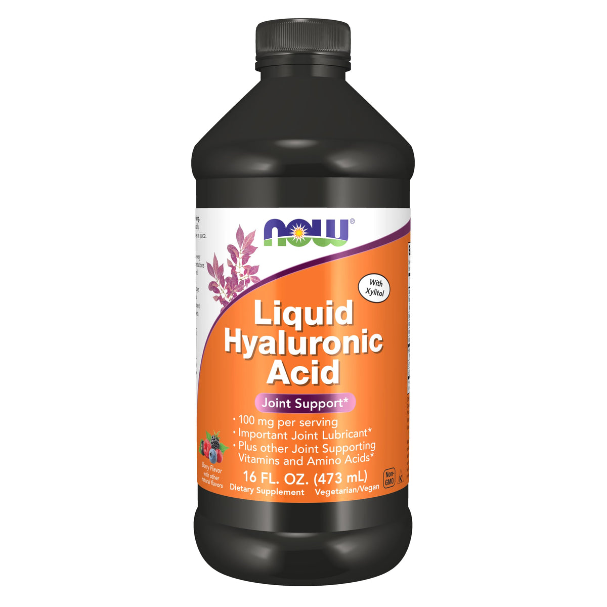 NOW Foods Acide Hyaluronique Liquide 100 mg 473 ml saveur baie vue de face