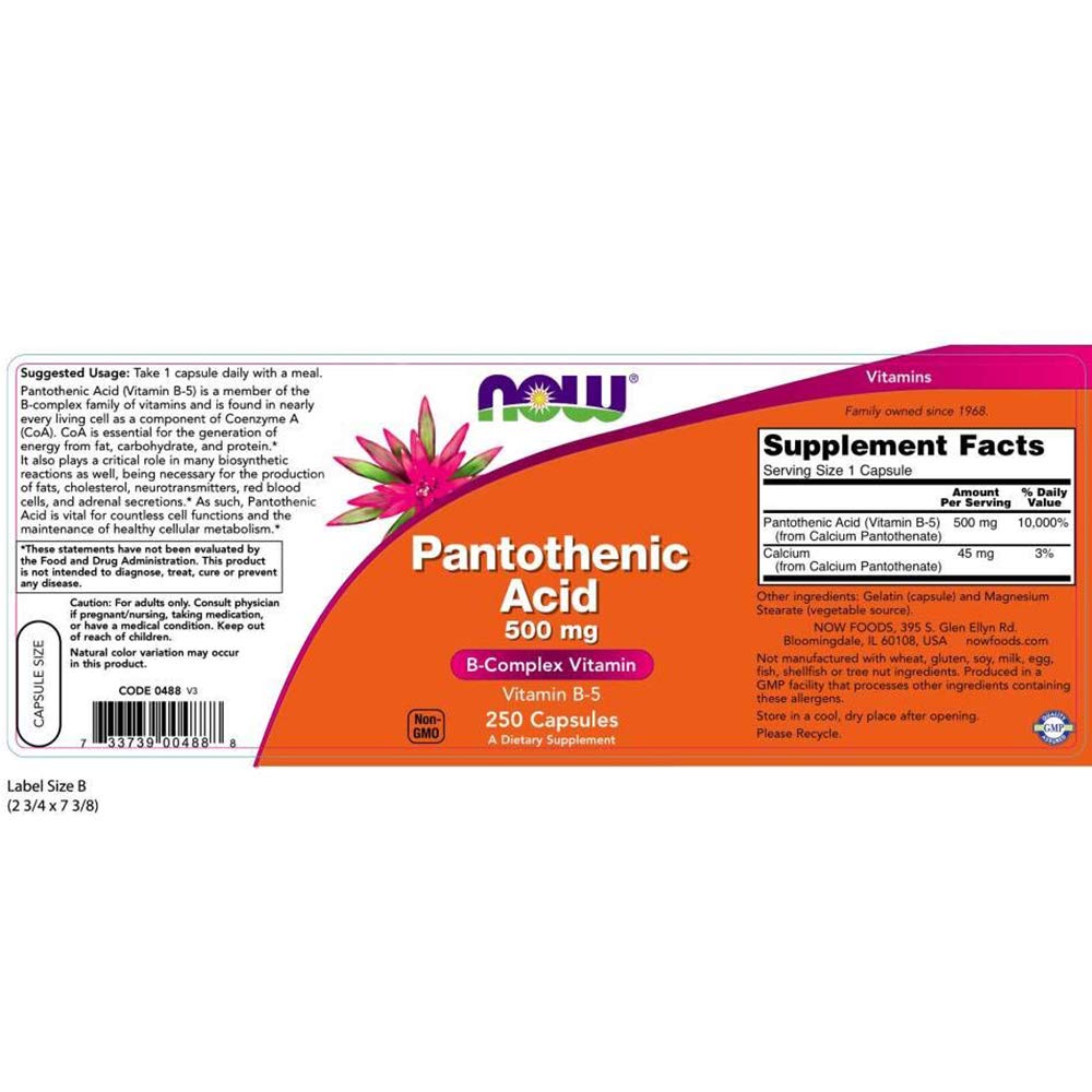 NOW Foods Acide Pantothénique 250 capsules avec étiquette détaillée