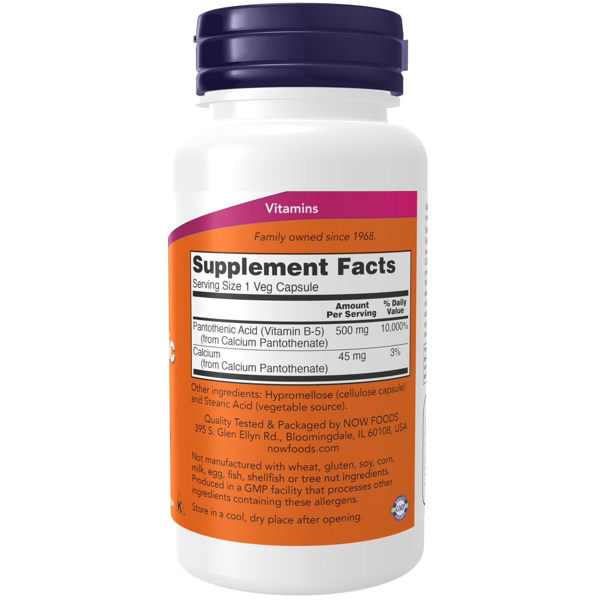 NOW Foods Acide Pantothénique 500mg 100 Capsules - Détails de l'emballage