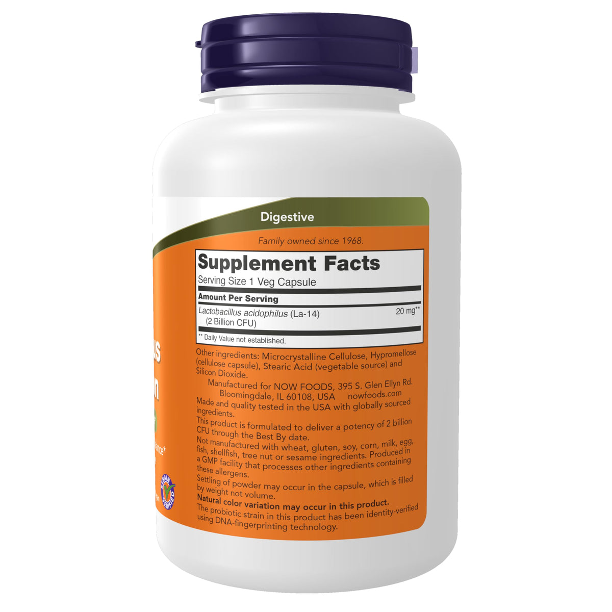 NOW Foods Acidophilus capsules avec étiquette détaillant les ingrédients