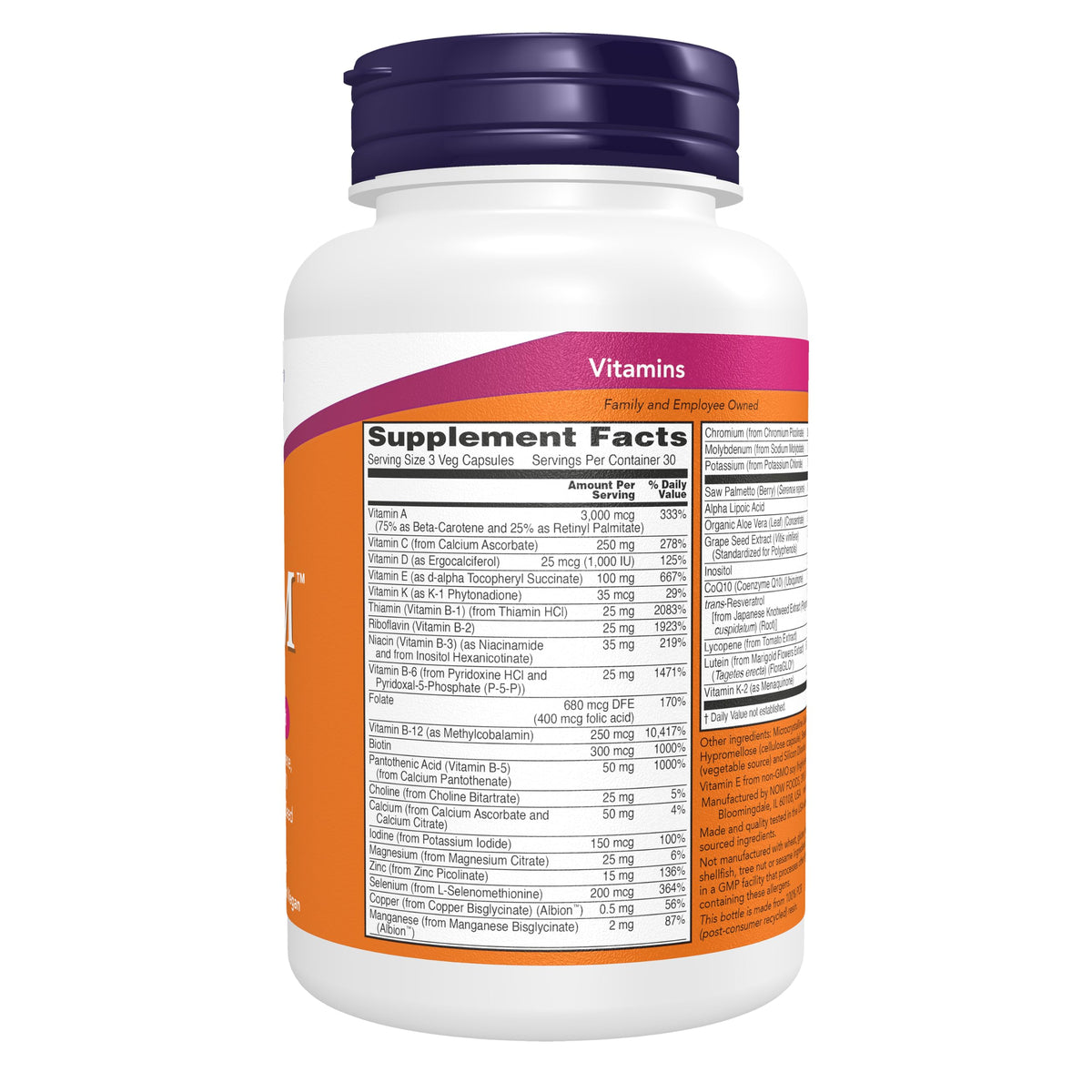 NOW Foods ADAM™ Multivitamine Masculin, vue latérale avec capsules