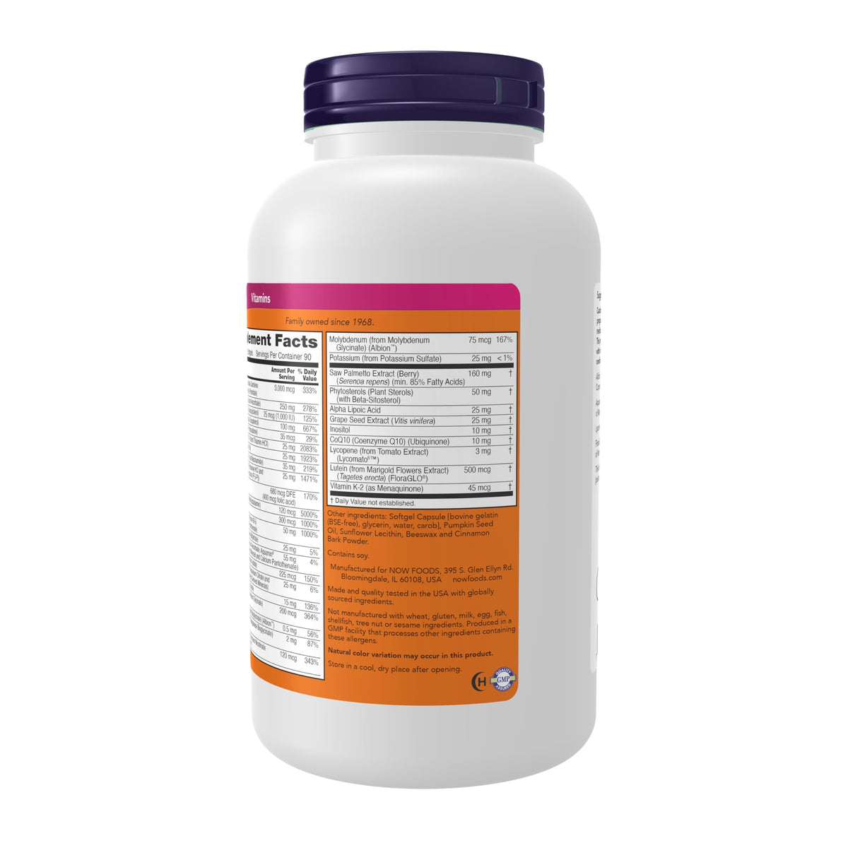 NOW Foods ADAM™ Multivitamine pour Hommes 180 gélules, étiquette avec ingrédients