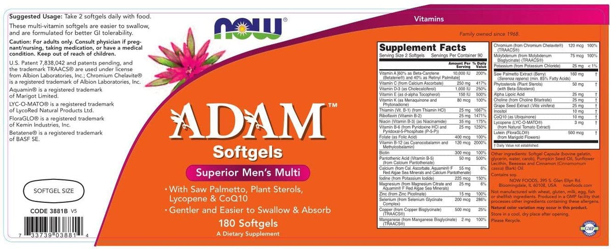 NOW Foods ADAM Multivitamines pour Hommes 180 Softgels avec ingrédients