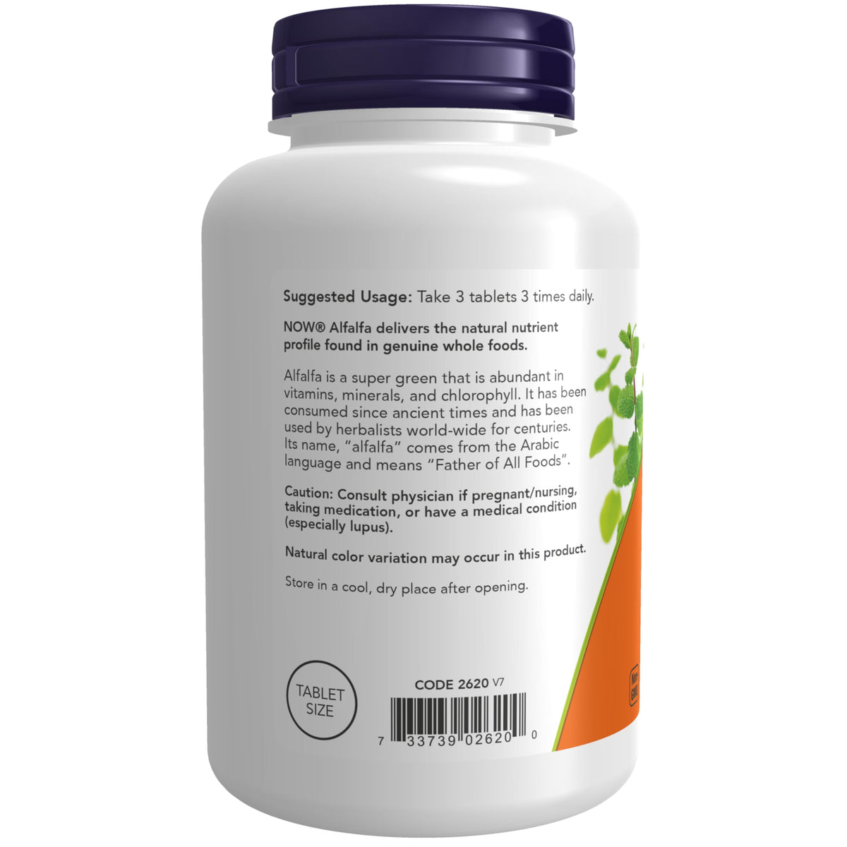 NOW Foods Alfalfa 650 mg étiquette avec informations nutritionnelles