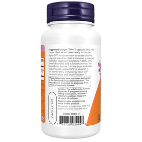 NOW Foods Alpha GPC 600 mg gélules végétales sur fond blanc