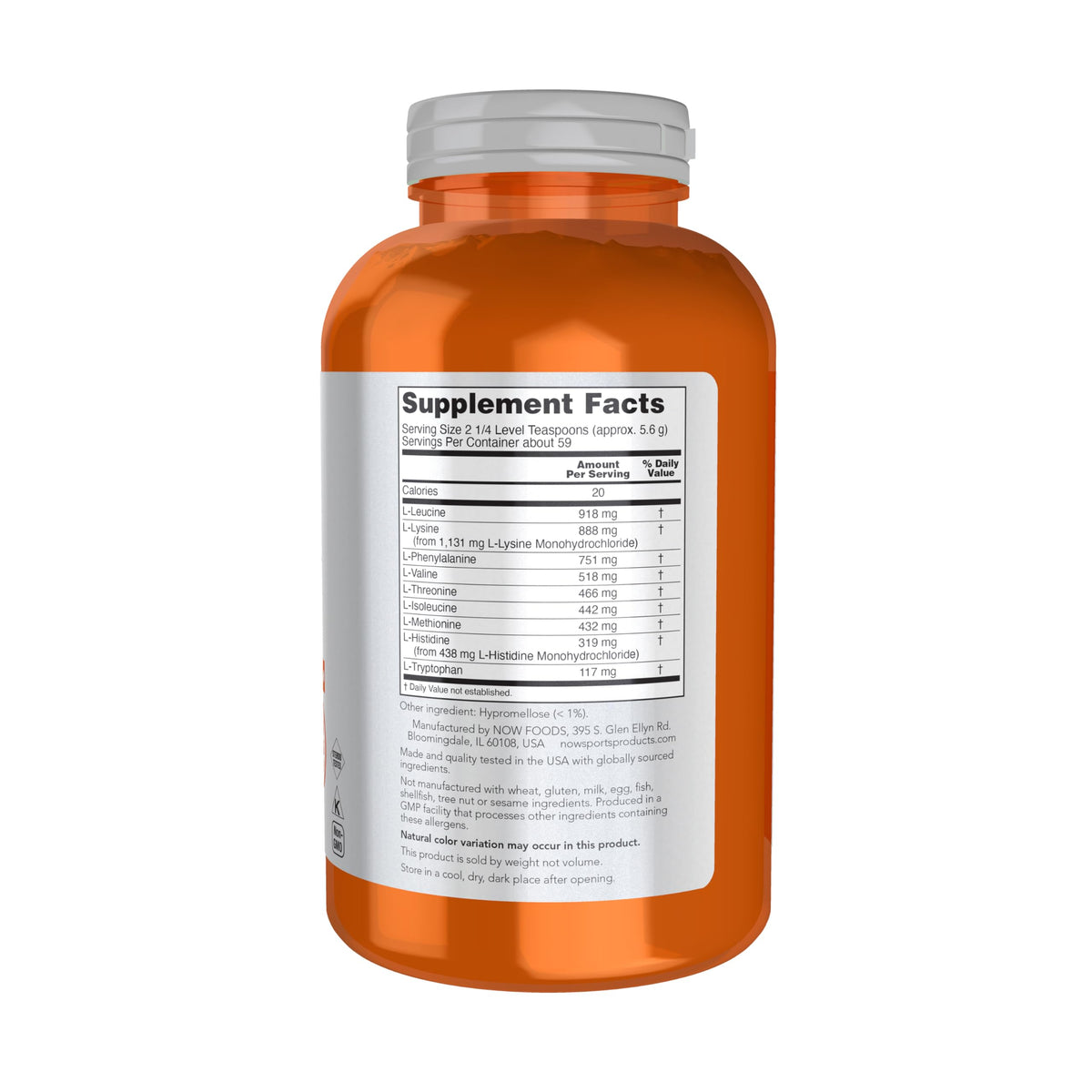 NOW Foods Amino-9 Essentials™ Poudre 330g étiquette avec ingrédients