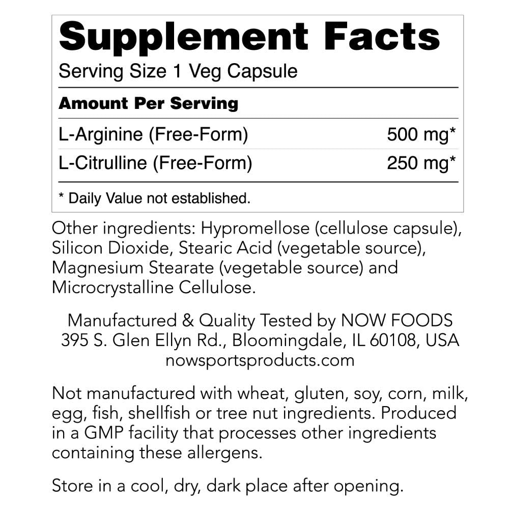NOW Foods Arginine & Citrulline 120 Capsules arrière
