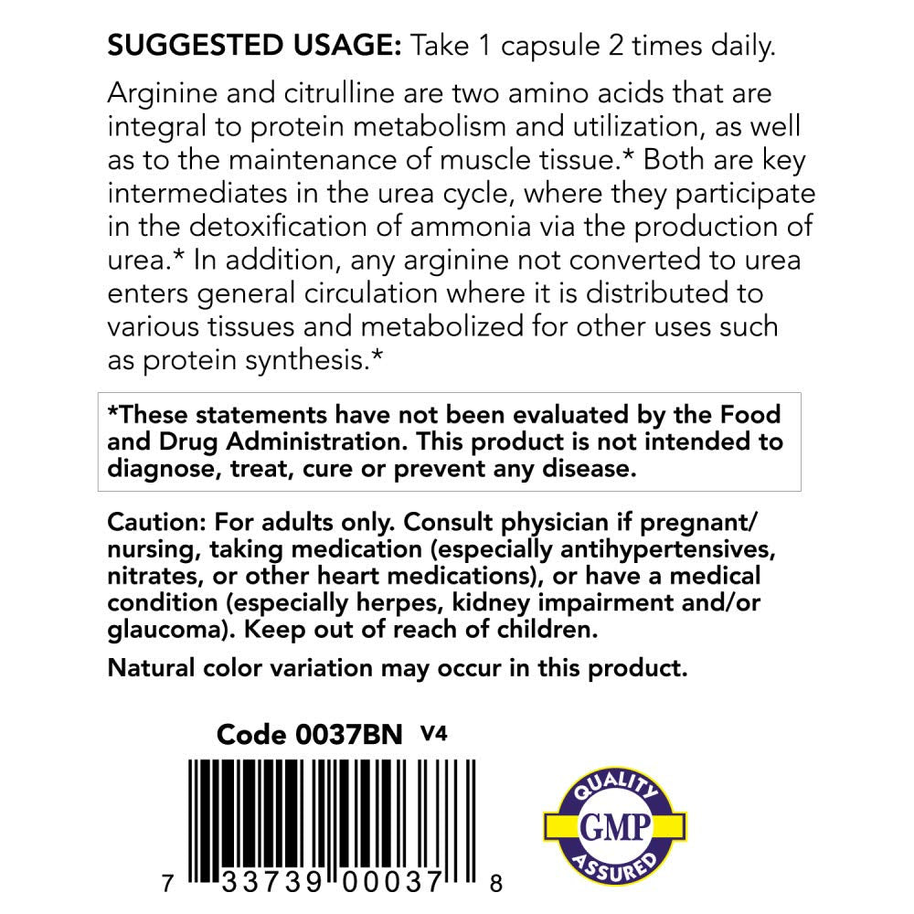 NOW Foods Arginine & Citrulline 120 Capsules côté