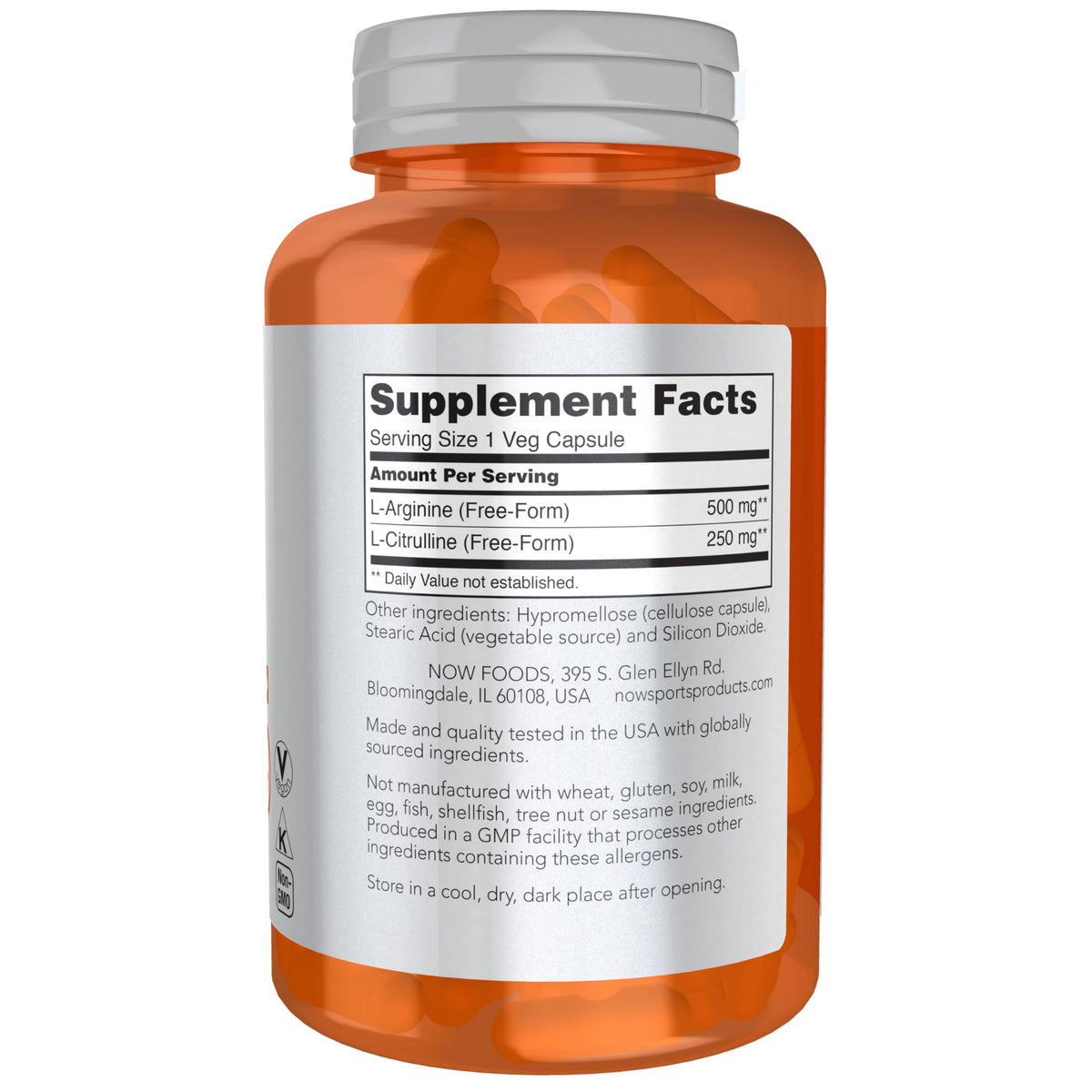 NOW Foods Arginine & Citrulline 500 mg 120 Veg Caps side view