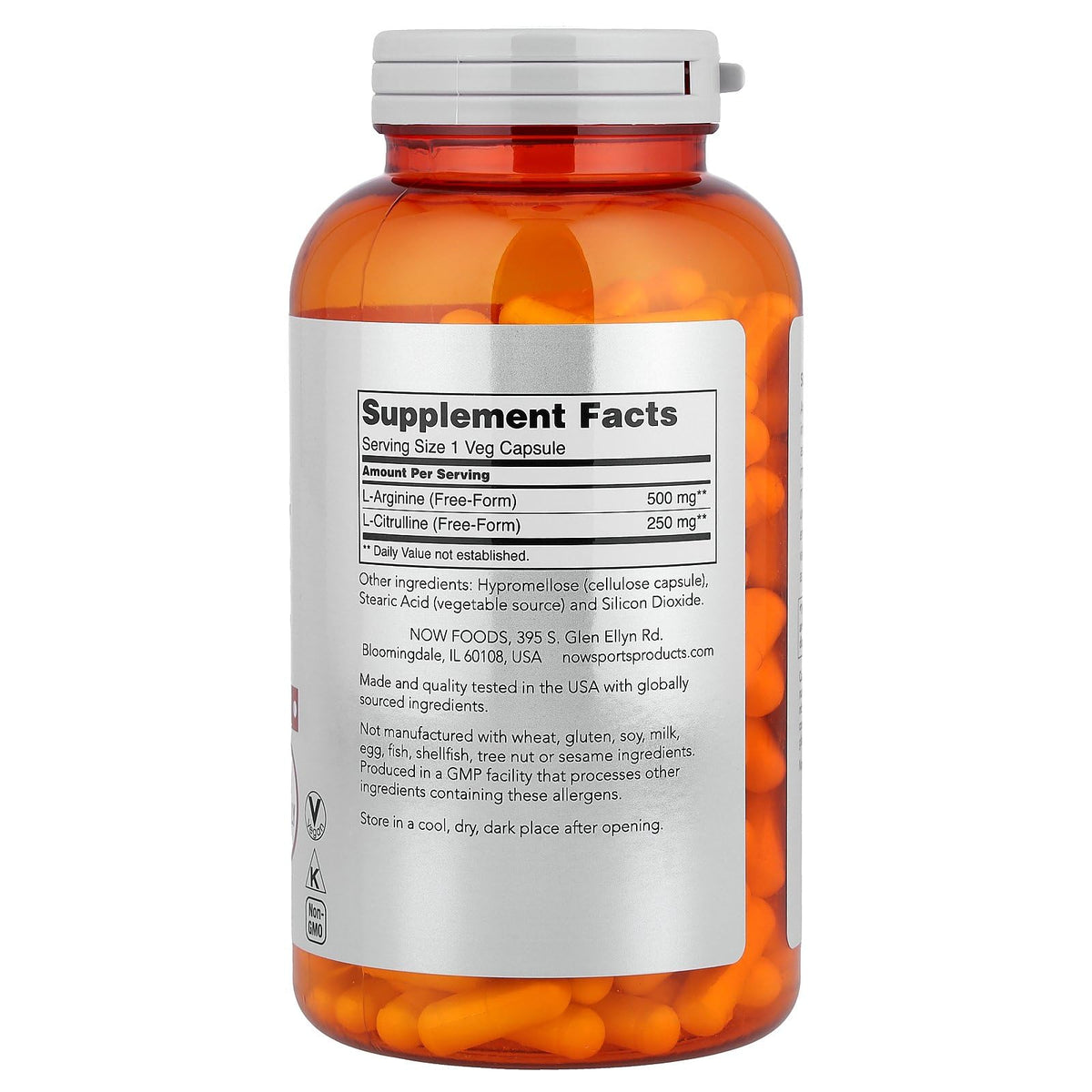 NOW Foods Arginine & Citrulline emballage avec informations nutritionnelles