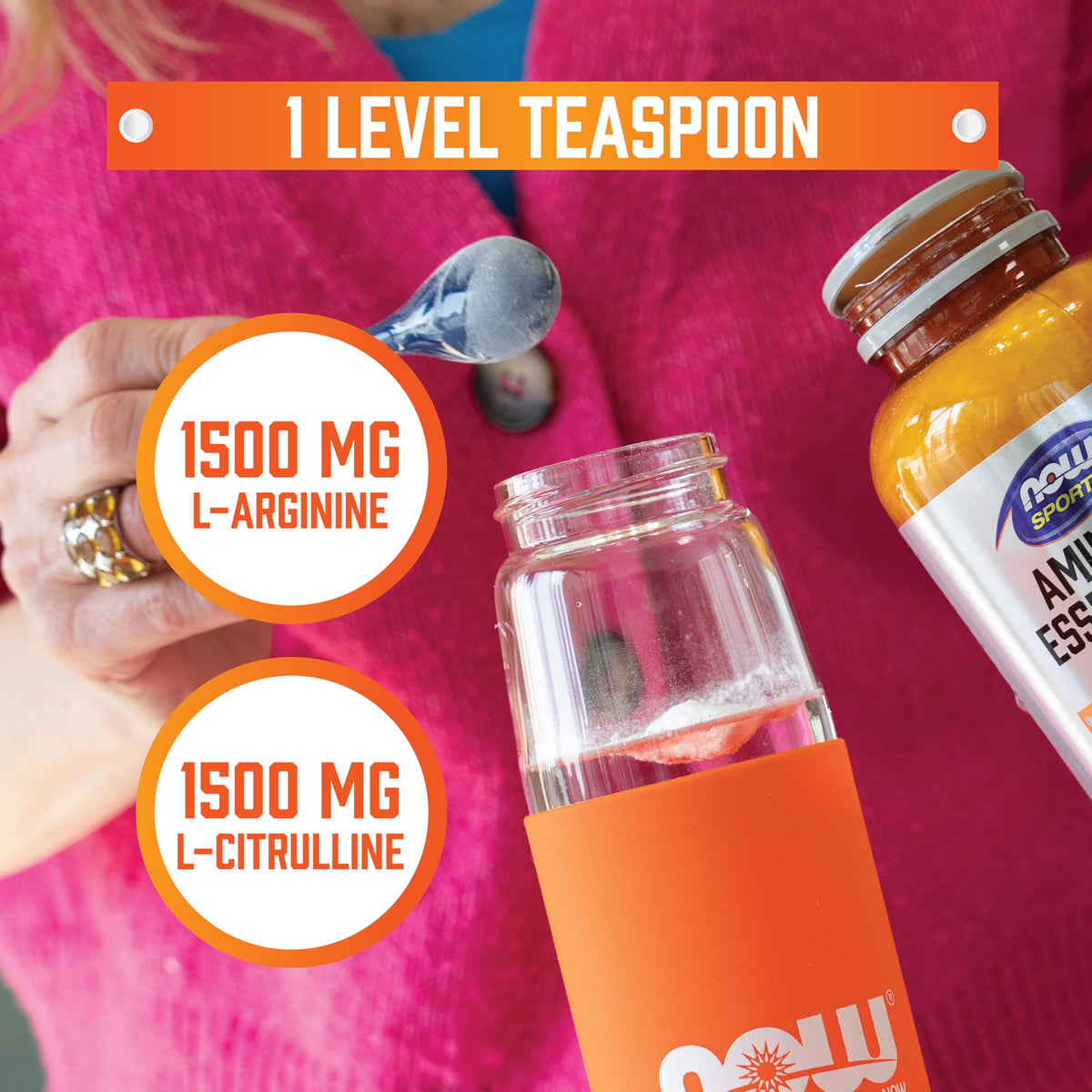 NOW Foods Arginine & Citrulline Poudre 415g ouvert avec cuillère