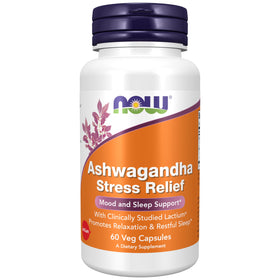 NOW Foods Ashwagandha 60 capsules avec Lactium, vue de face