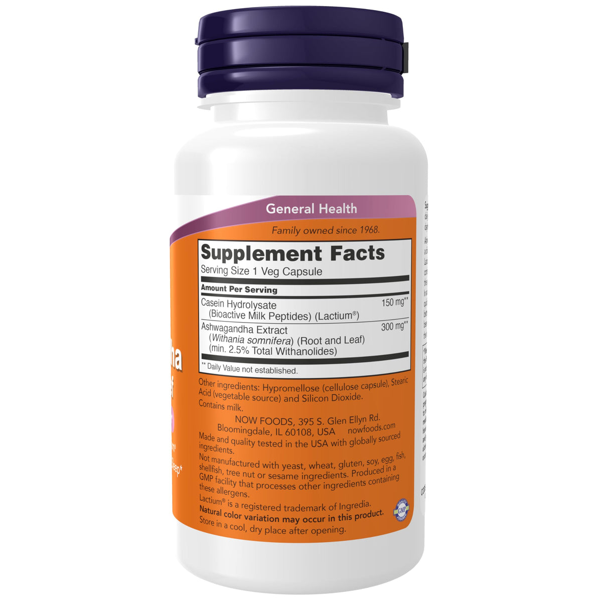 NOW Foods Ashwagandha 60 capsules, étiquette et informations