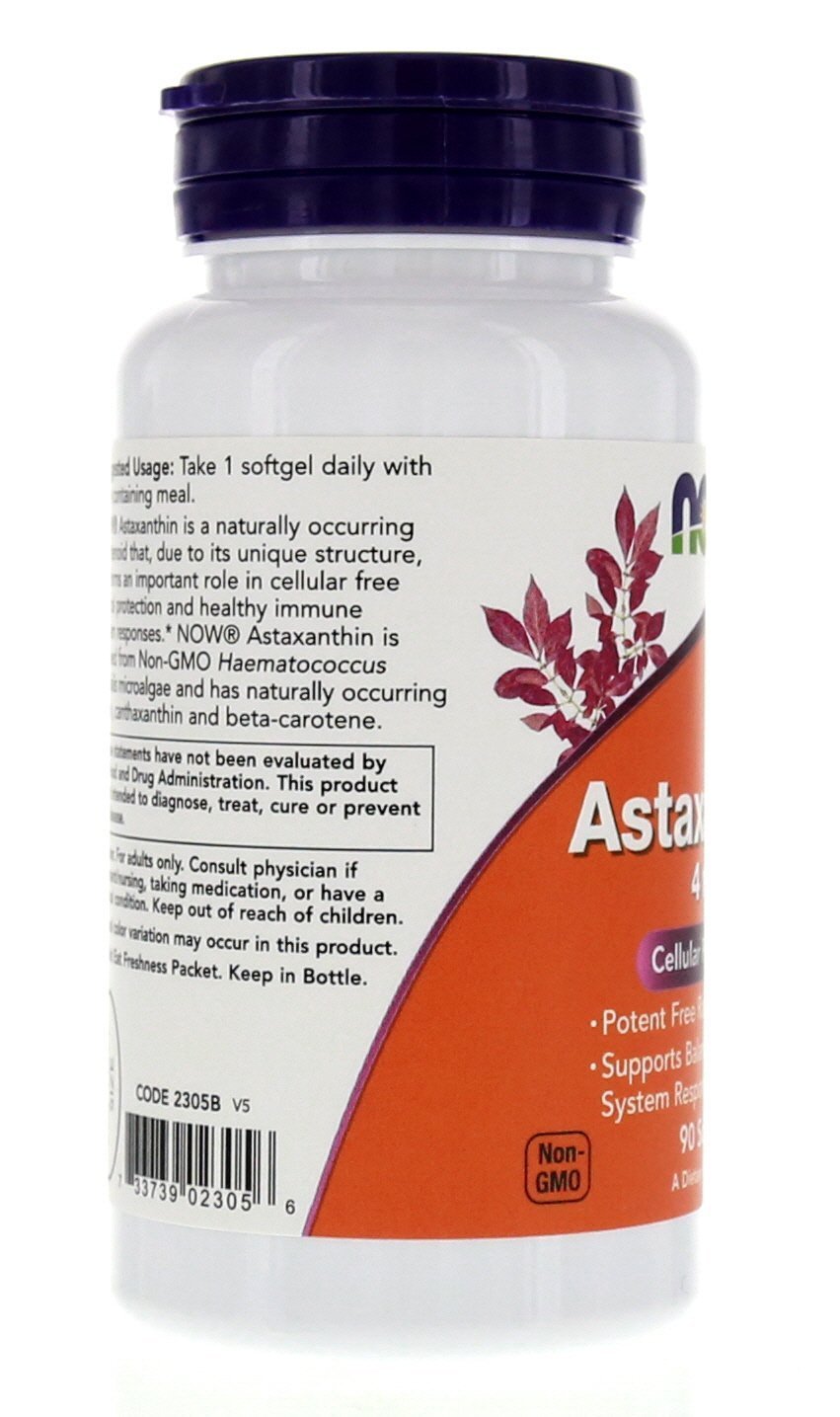 NOW Foods Astaxanthin 4mg sur fond neutre