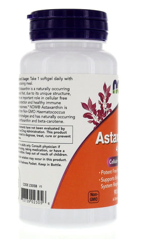 NOW Foods Astaxanthin 4mg sur fond neutre