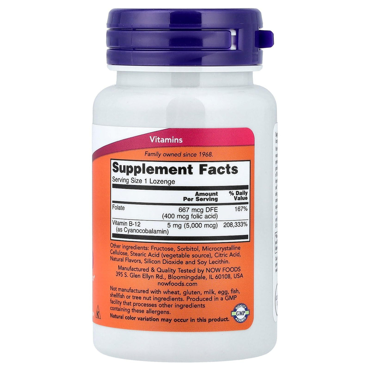 NOW Foods B-12 5 000 mcg comprimés à dissoudre, 60 unités, présentation des comprimés