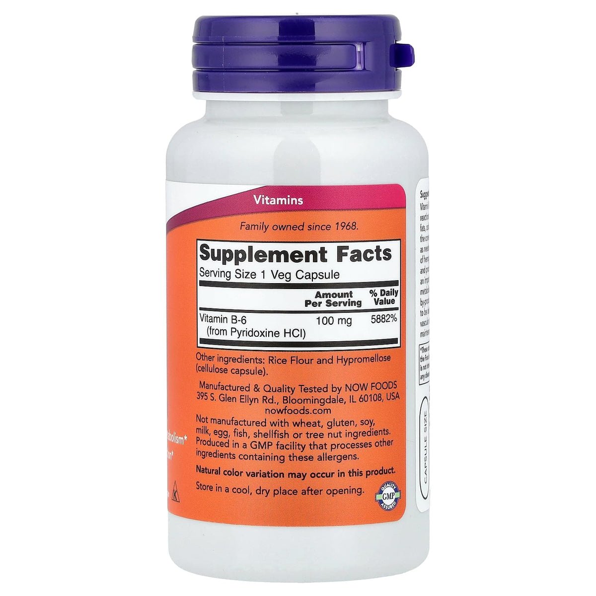 NOW Foods B-6 100mg 100 capsules vue de côté avec étiquette