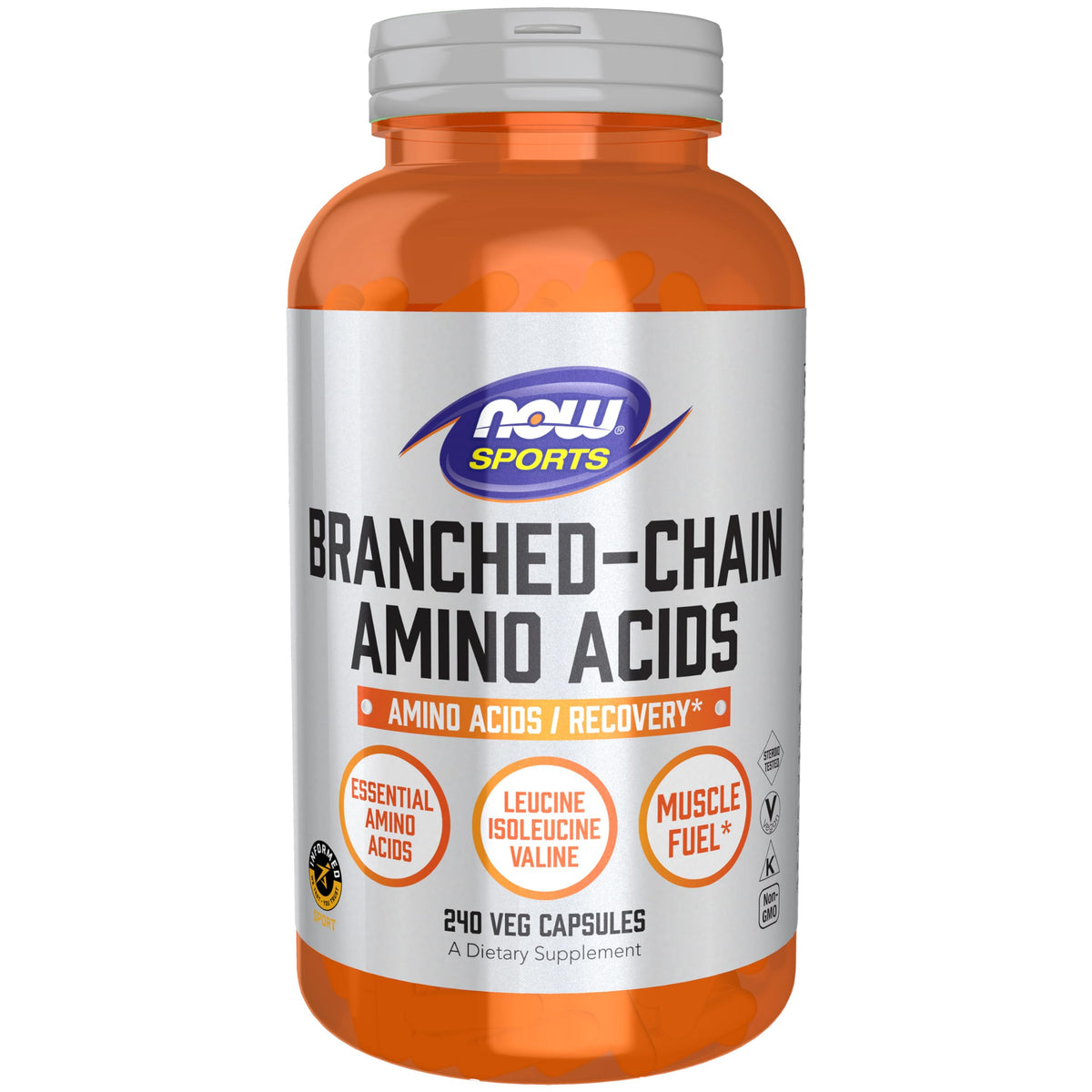 NOW Foods BCAA 240 capsules vue avant avec étiquette