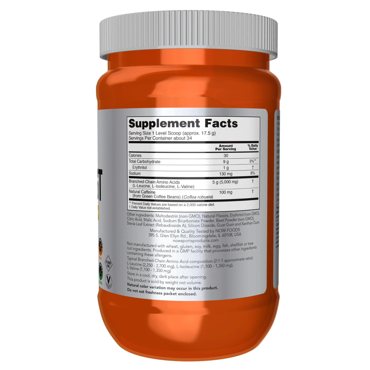 NOW Foods BCAA Blast Poudre Tropical Punch 600g vue arrière