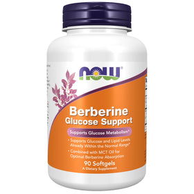 NOW Foods Berberine Glucose Support 90 gélules avec huile MCT, vue avant