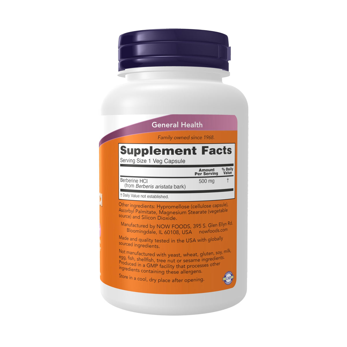 NOW Foods Berberine HCL 500 mg boîte, vue de côté