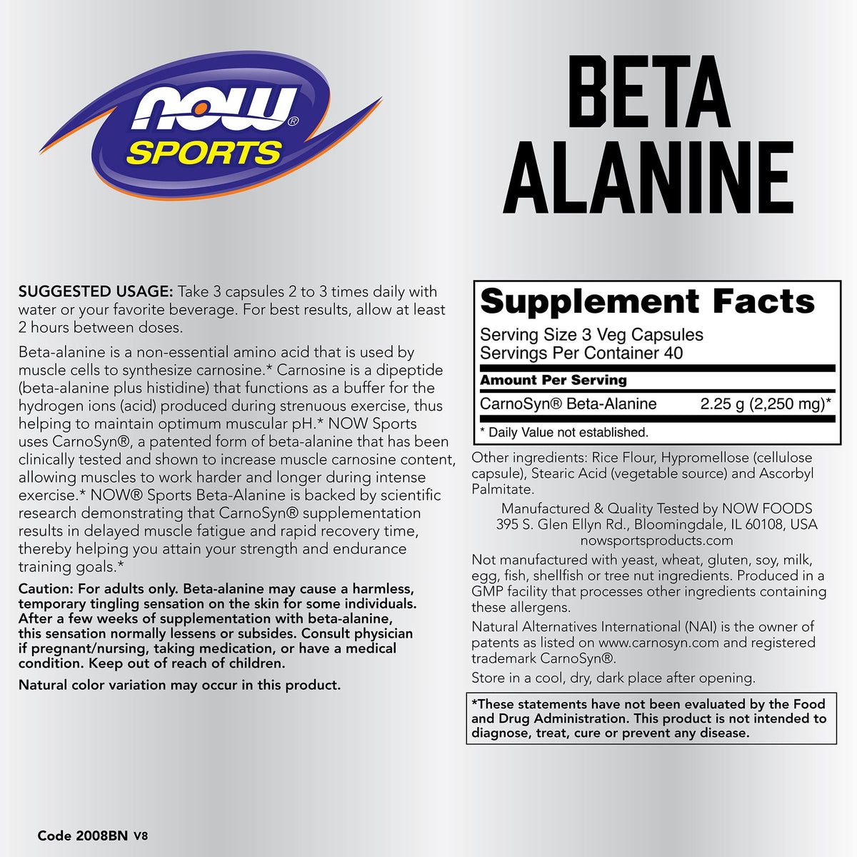 NOW Foods Beta-Alanine 120 Capsules - vue du dos
